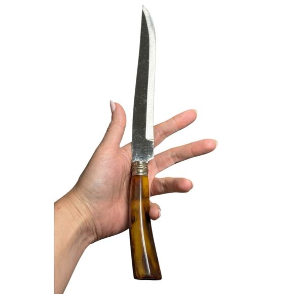 Vintage Blade Serrated Knife Stainless Steel Butterscotch Swirl Bakelite Handle - Picture 6 of 7